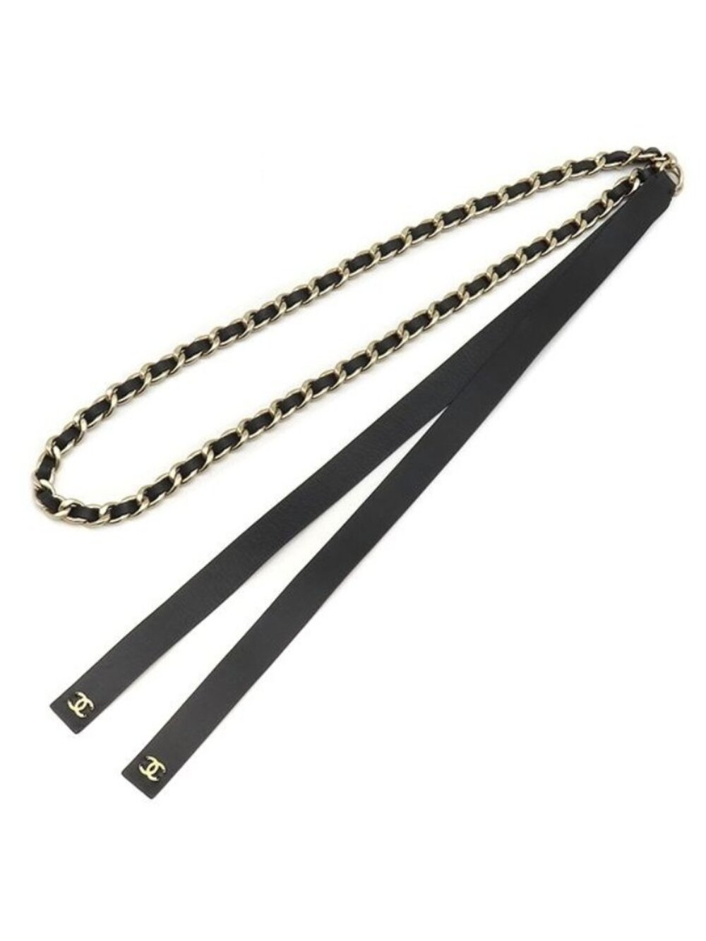 Chanel Belt CC Logo Chain Lambskin Black Gold L Leather Ribbon